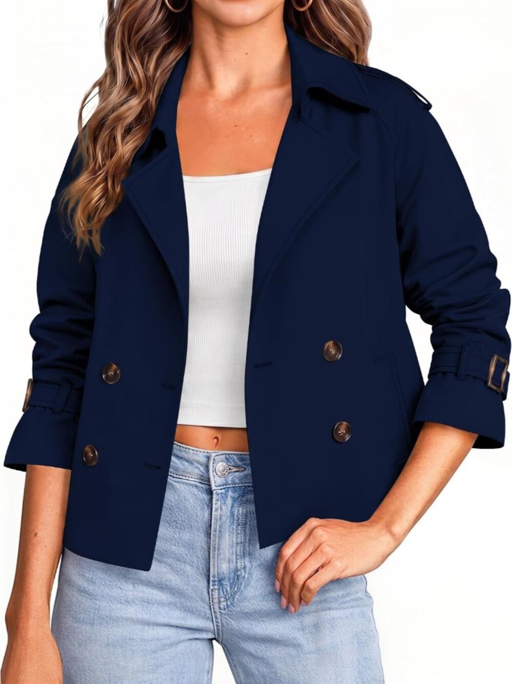 Women's Navy Cropped Double Breasted Raglan Sleeve Notched Lapel Trench Coat
